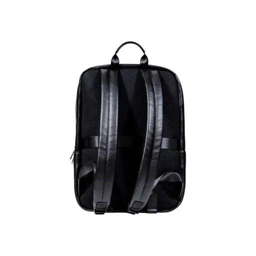 Black leather backpack displayed in a product presentation with a sleek and stylish design
