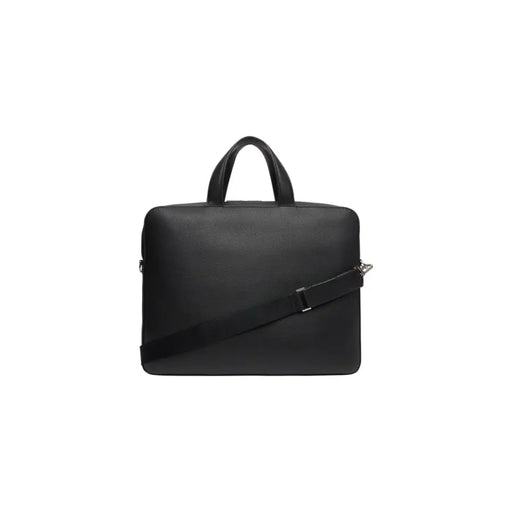 Black leather briefcase with shoulder strap displayed in the product listing