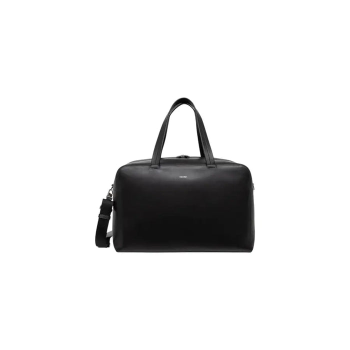 Black leather duffel bag with shoulder strap for travel and weekend trips