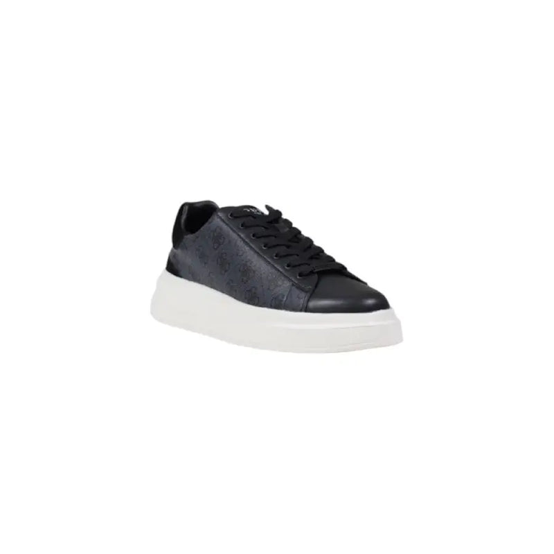 Black leather platform sneaker with white sole displayed in product image