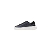 Black leather platform sneaker with a white sole for stylish casual wear