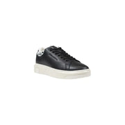 Black leather sneaker with patterned heel and white sole for stylish comfort