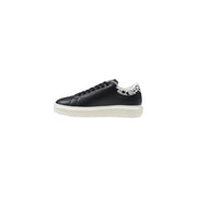 Black leather sneaker with patterned heel and white sole, stylish footwear for men