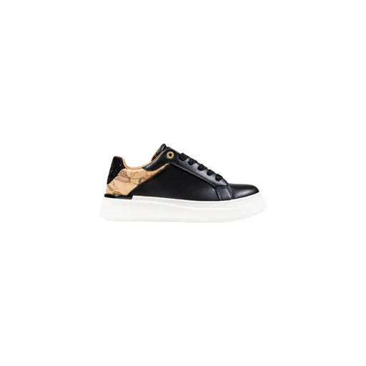 Black leather women’s sneakers with beige map pattern on sides and heel, Alviero Martini Prima Classe