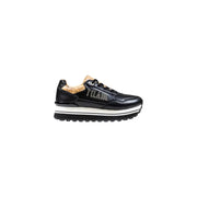 Black leather women’s sneakers with white platform sole and tan accents from Alviero Martini Prima Classe