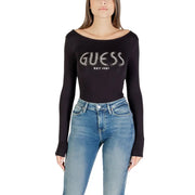 Black long-sleeve Guess logo boat neck top for women made of viscose blend