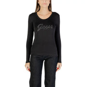 Black long-sleeve Guess T-shirt with sparkly Guess logo and rhinestone print
