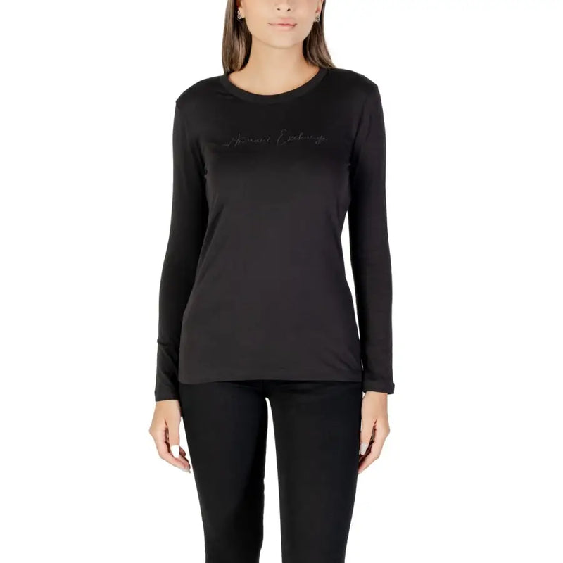 Black long-sleeved crew-neck cotton T-shirt with subtle embroidered Armani Exchange branding