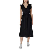 Black midi wrap dress from B.young, featuring a sleeveless V-neck and lace detail