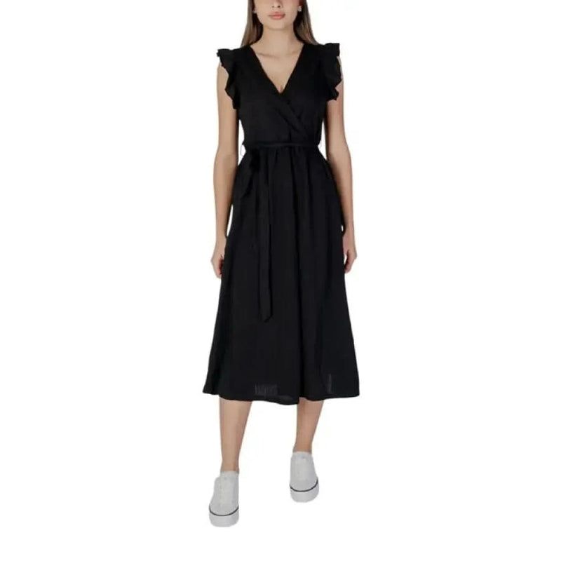 Black midi wrap dress from B.young, featuring a sleeveless V-neck and lace detail