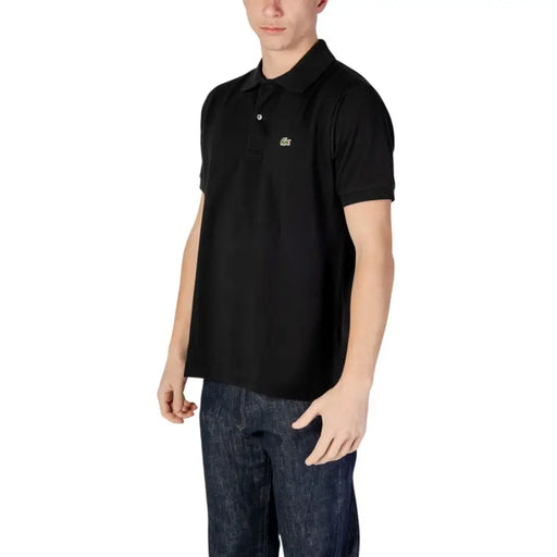 Black Lacoste polo shirt with short sleeves, classic men’s casual wear