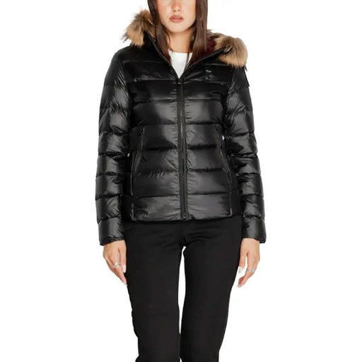 Black puffer jacket with a fur-trimmed hood from Blauer for women, featuring zip pockets