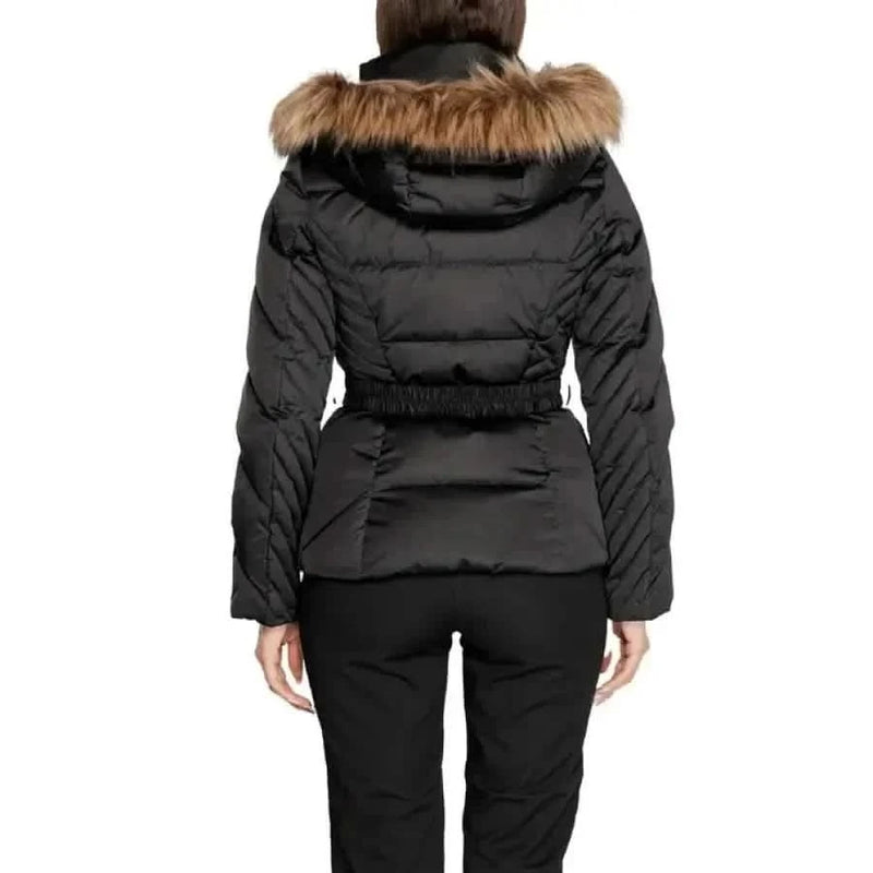 Black puffer jacket with fur-trimmed hood and belted waist from Guess Women Jacket
