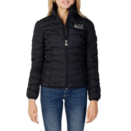 Black quilted EA7 Women’s Zip Jacket, showcasing stylish design and warmth
