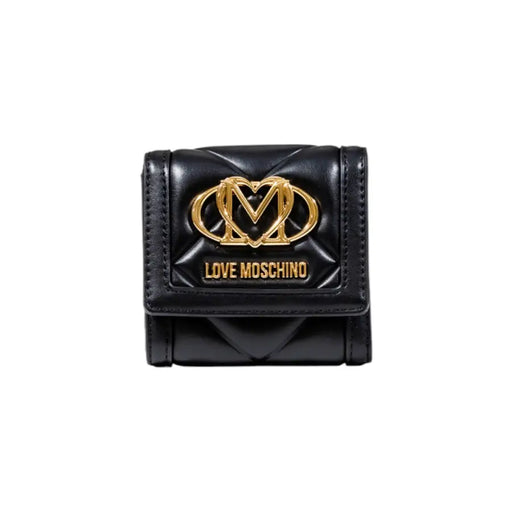 Black quilted Love Moschino wallet displayed in a luxurious product image