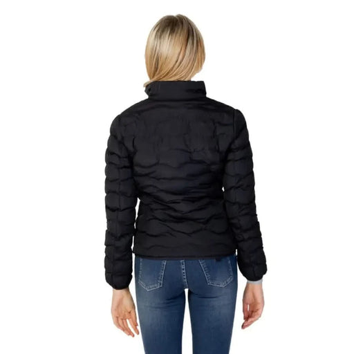 EA7 Women’s Black Zip Jacket featuring a stylish black quilted puffer design