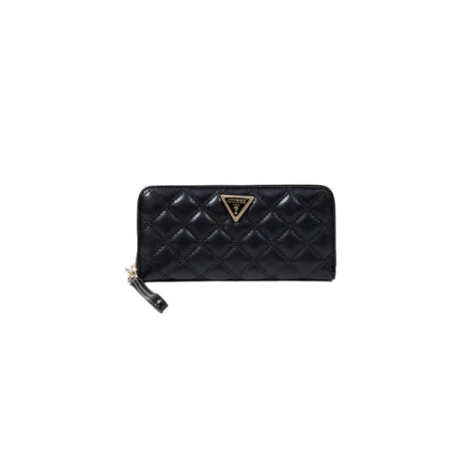 Black quilted wallet with a gold logo displayed in the product Black Quilted Wallet with Gold Logo