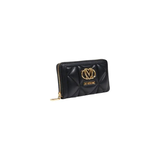 Black quilted wallet with gold logo and zipper for a stylish accessory appearance