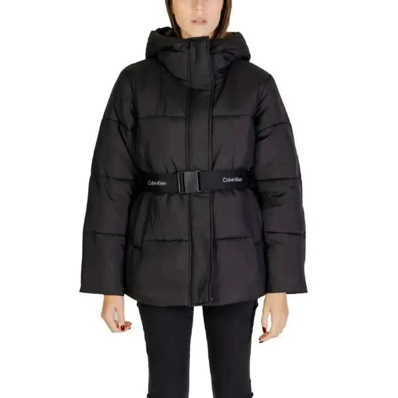 Black quilted Calvin Klein women’s puffer jacket with hood and belt for winter wear