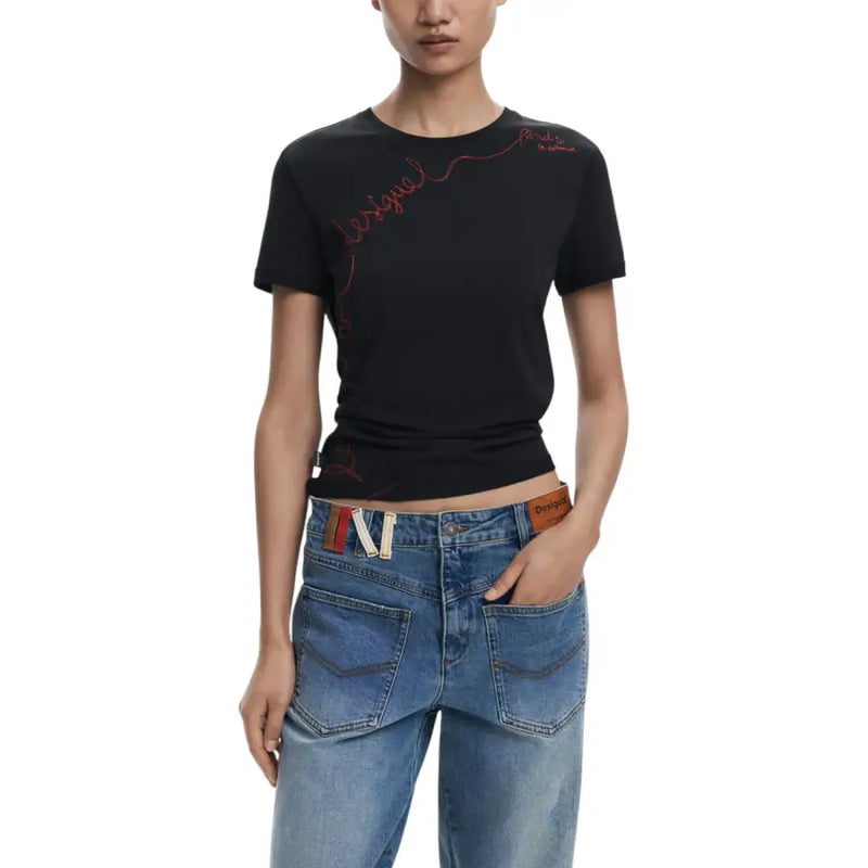 Black short-sleeve crew neck T-shirt with red embroidered design from Desigual Women collection