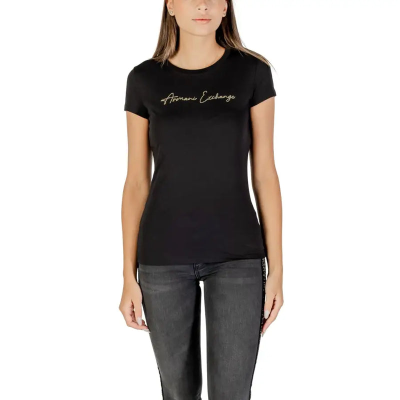 Black short-sleeve crewneck cotton T-shirt with rhinestones from Armani Exchange Women collection