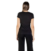 Black short-sleeve crewneck cotton T-shirt with rhinestones paired with matching wide-leg pants