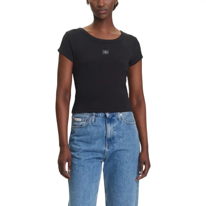 Black fitted short-sleeve scoop neck T-shirt from Calvin Klein Jeans Women collection