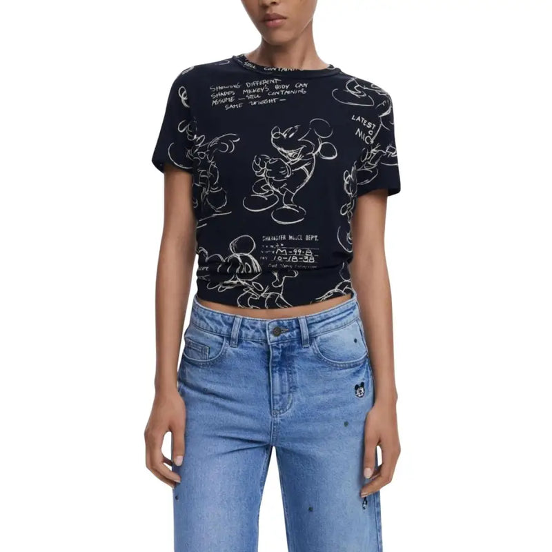 Black cotton crop top with Mickey Mouse sketch patterns and text, ideal for women