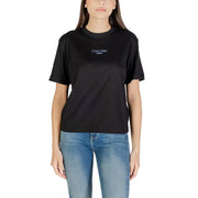 Black short-sleeved Calvin Klein Jeans women’s crew neck T-shirt with light blue logo
