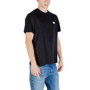 Black short-sleeve crewneck T-shirt displayed for men and women in a fashion catalog