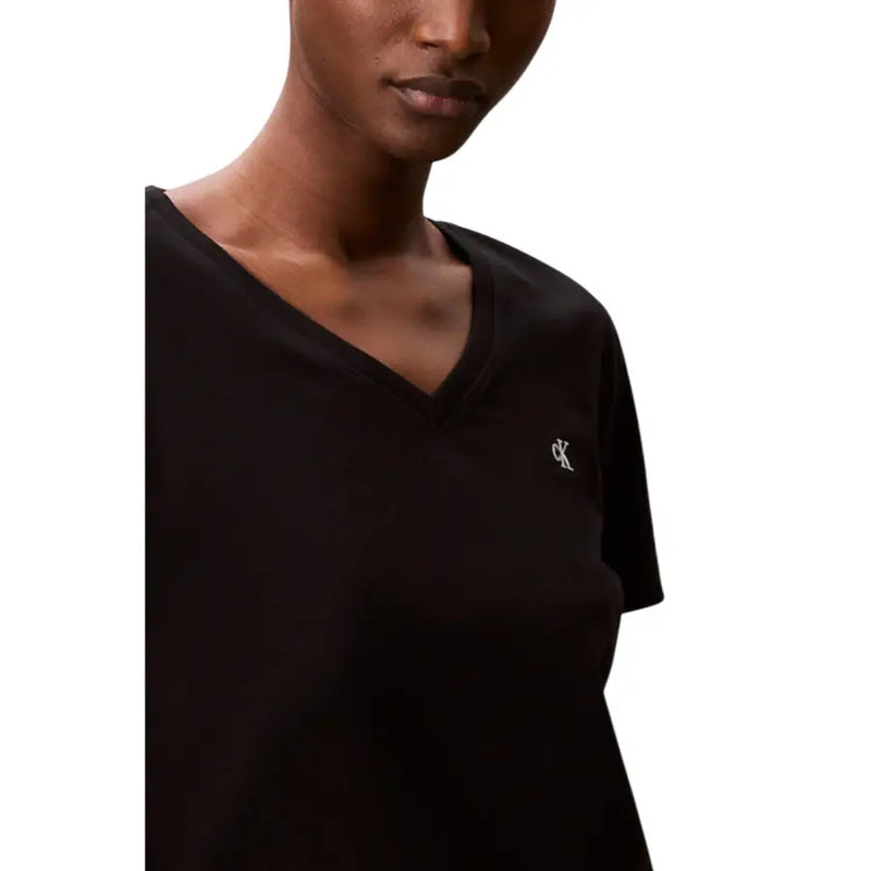 Black short-sleeved V-neck Calvin Klein Jeans women’s cotton T-shirt with small white logo