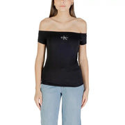 Black off-the-shoulder short-sleeve top with silver Calvin Klein logo for women