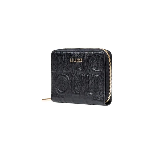 Black embossed square zip-around wallet displayed for stylish storage and organization