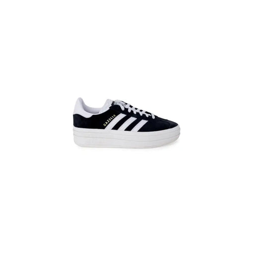 Black suede Adidas Gazelle platform sneakers with white stripes and laces for women