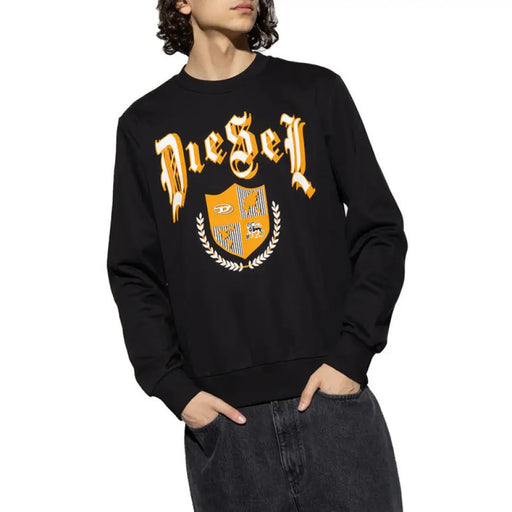 Black sweatshirt featuring a crest graphic from the Black Bomber Jacket and Crest Sweatshirts collection