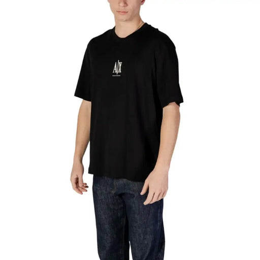 Black cotton t-shirt featuring logo from Armani Exchange for men’s fashion