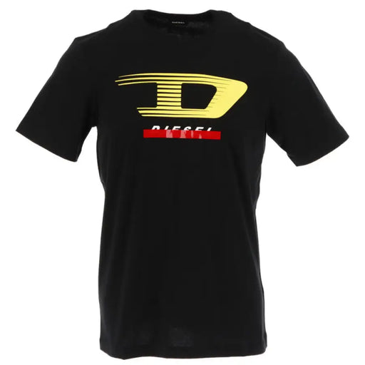 Black T shirt featuring a vibrant yellow and red logo for casual wear