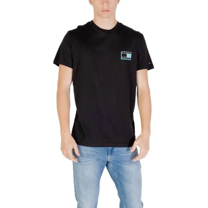 Black Tommy Hilfiger T shirt with square logo displayed on a product page