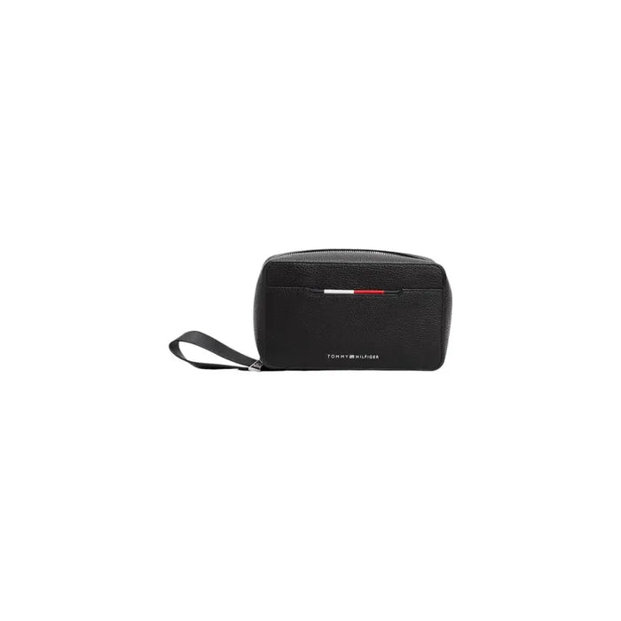 Black Tommy Hilfiger textured leather toiletries bag displayed in a product image