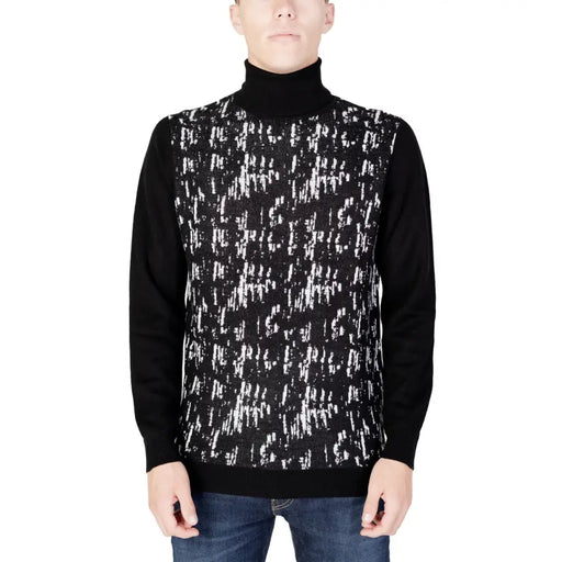 Black and White Turtleneck Sweater with Abstract Pattern for stylish winter wear