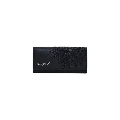 Black leather wallet and card holder featuring an elegant floral design