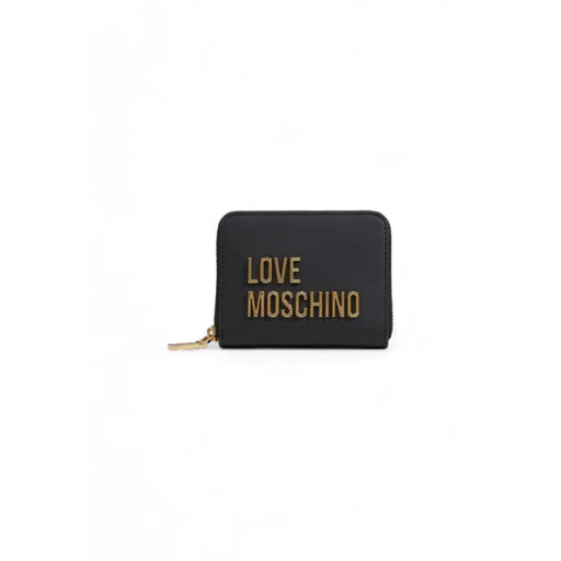 Black wallet with gold lettering and zipper, stylish accessory for men and women