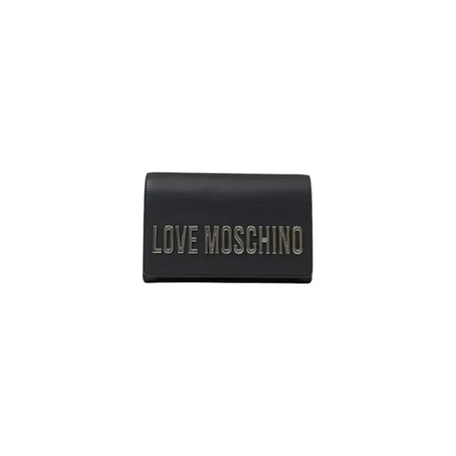 Black Love Moschino clutch wallet with prominent Love Moschino logo text