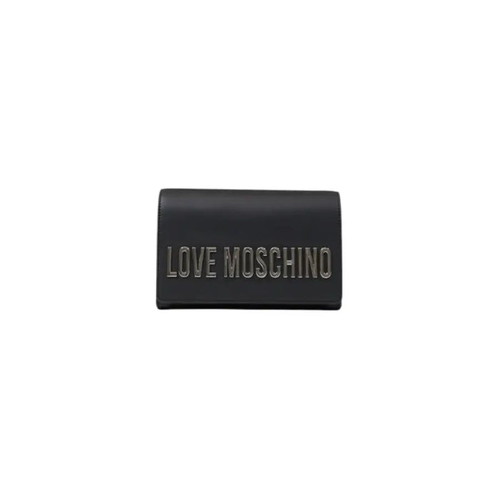 Black Love Moschino clutch wallet with prominent Love Moschino logo text