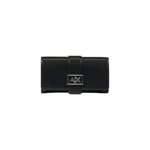 Black leather clutch wallet with a silver logo, part of the Black Leather Clutch Wallet and Crossbody Bag collection