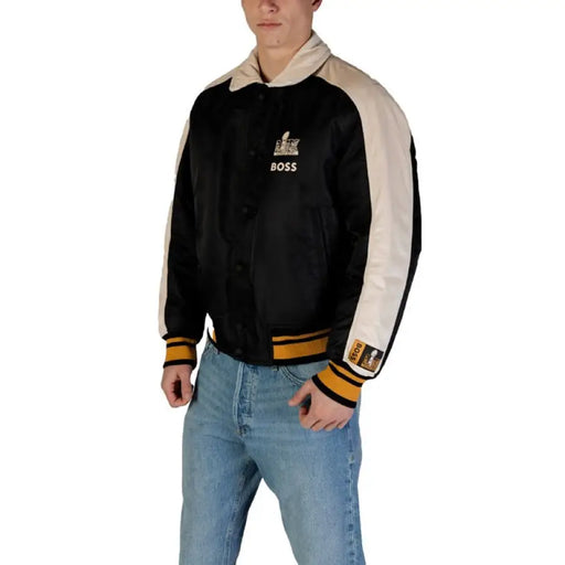 Black and White Varsity Jacket showcasing the Black and Cream Super Bowl Jacket design
