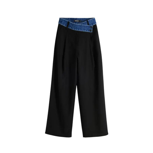 Black wide-leg trousers with blue denim-style asymmetrical waistband and front pockets