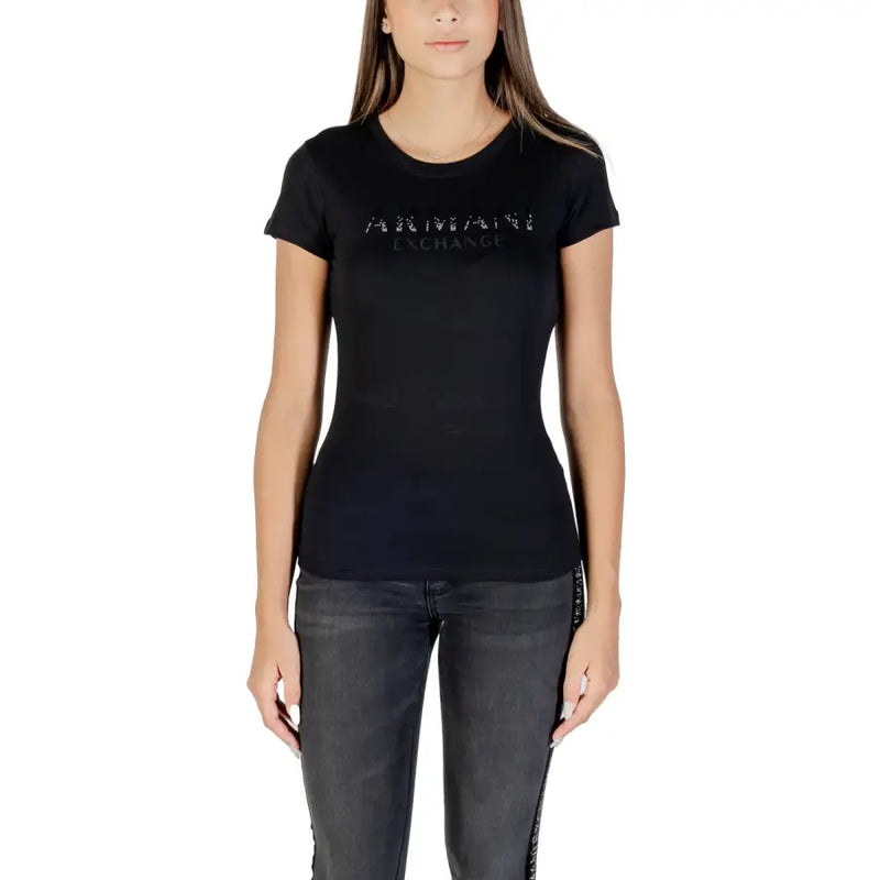 Black women’s Armani Exchange T-shirt with textured logo and dark grey jeans