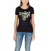 Black women’s T-shirt with tropical palm tree graphic and triangular Guess logo