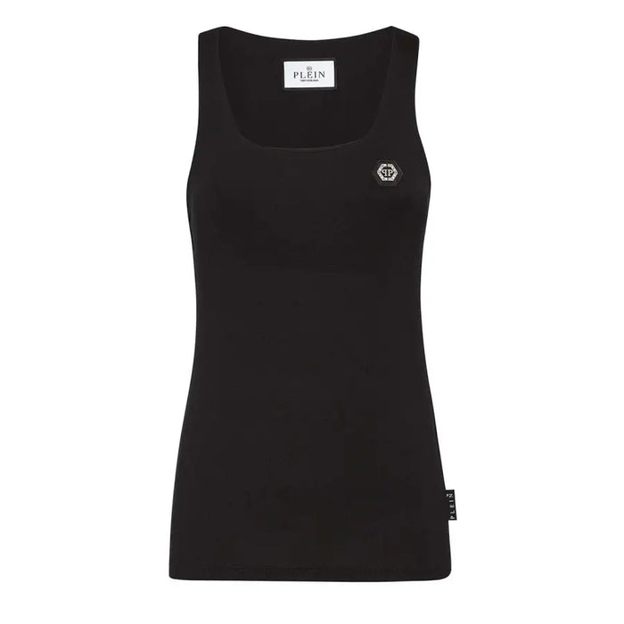 Black women’s spring summer cotton tank top with scoop neck and silver emblem